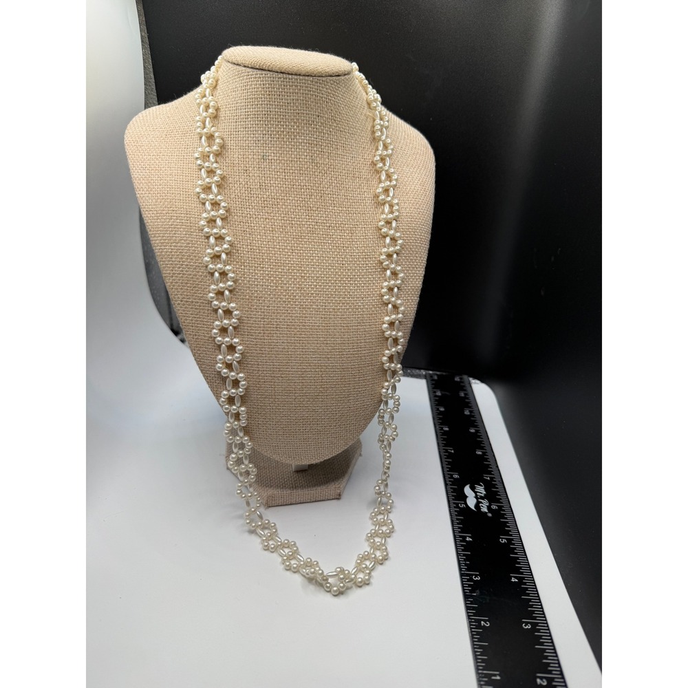 Vintage Woven Faux Pearl Necklace‎ Cream White Beaded Lattice Opera Length 30 In